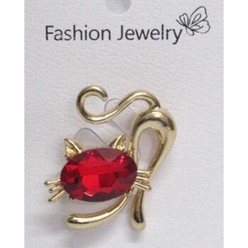 broche bijoux chat cristal rouge doré