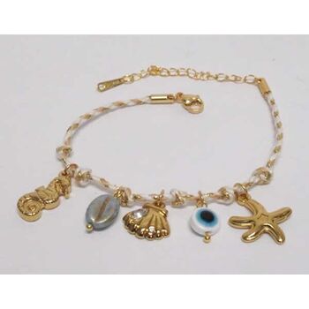 Steel charm bracelet jewelry with a sea motif on white wire