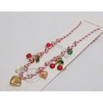 bijoux collier acier breloques cerise sur fil rose