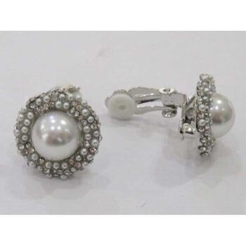 boucles d'oreilles rondes strass à pince grosse perle centre