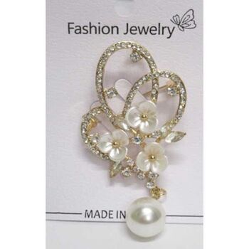 gold rhinestone and pearl flower brooch