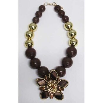 Bijoux collier artisanal boules et fleur aluminium marron