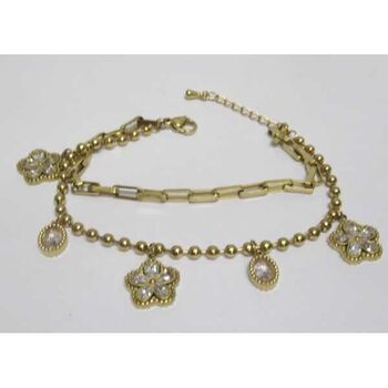 bijoux bracelet double fleur 5 pétales cristal acier doré