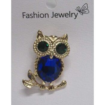 Owl brooch jewelry, blue crystal, branch