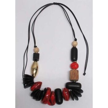 Red resin and wood jewelry with adjustable cord