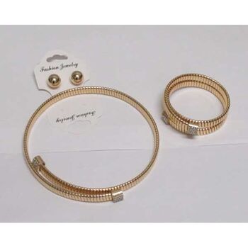 bijoux collier cerceau enroulé embout strass, bracelet et boucle oreille