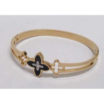 bracelet fleur trèfle noir strass en acier