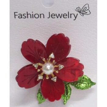 red flower blossom pearl brooch