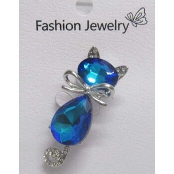 Blue crystal and bow cat brooch jewelry