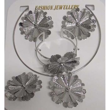 bijoux fleur collier bracelet boucle et bague version argentée