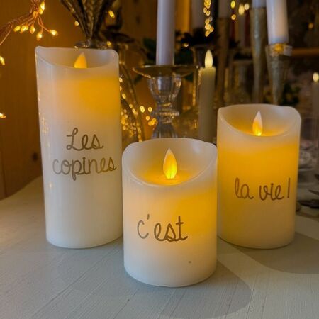 3 Bougies LED Cire flamme oscillante - Ø 7,5cm       H 10/12,5/18 cm