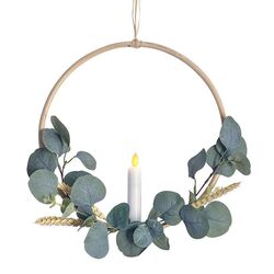 Rattan circle holder with a LED candle - wheat and eucalyptus - Ø 30 cm