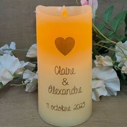 Bougie LED cire personnalisable Ø 7,5 cm H 15 cm - MARIAGE <br />(texte et/ou motif)