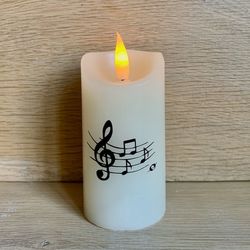 Small ivory wax led candle - Ø 5cm / H 11cm - Black musical notes