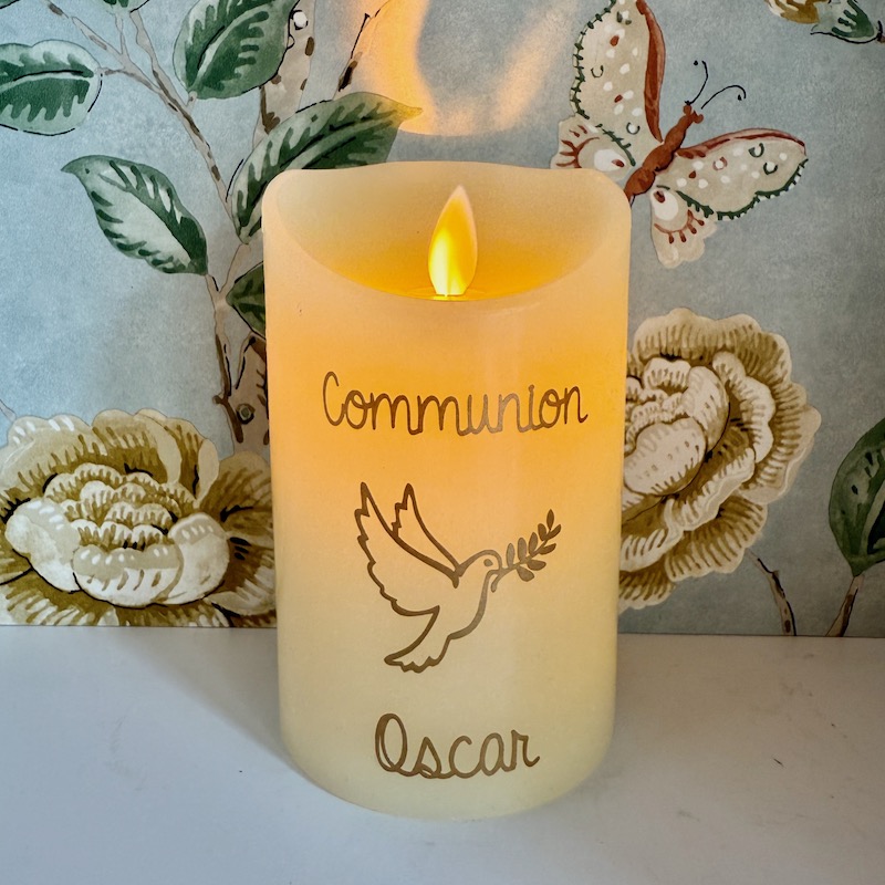 bougie à piles, cadeau de communion personnalisé