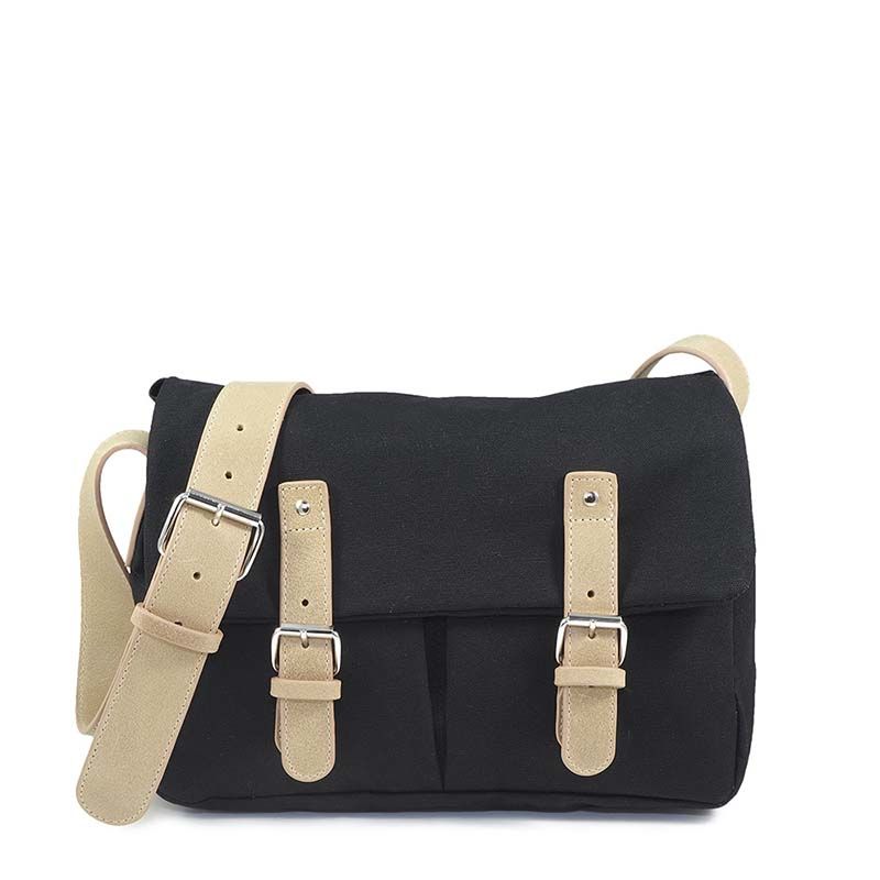 Sac Besace Toile de Coton Noire garni Cuir Beige Brussels 02