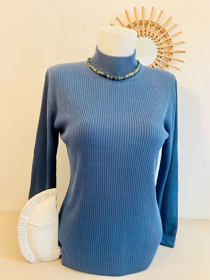 Pull Soie cheminée bleu jean