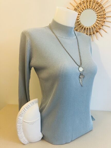 Pull soie cheminée L bleu ciel