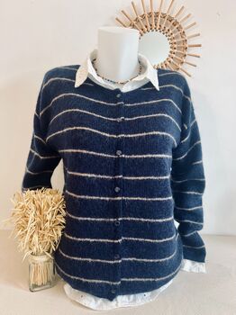 Cardigan mohair marine rayé beige