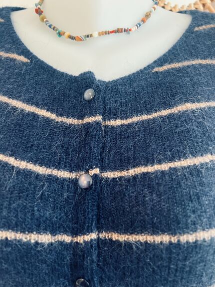 Cardigan mohair marine rayé beige