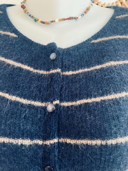 Cardigan mohair marine rayé beige