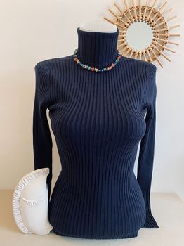 Pull soie roulé marine