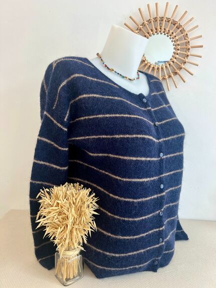 Cardigan mohair marine rayé beige