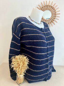 Cardigan mohair marine rayé beige