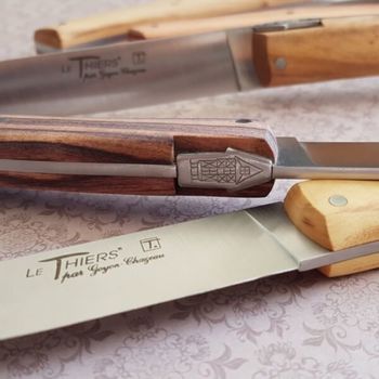 Boxed set of 6 Le Thiers table knives by Goyon-Chazeau "Pirou Brasserie" different woods