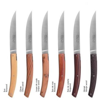 Boxed set of 6 Le Thiers table knives by Goyon-Chazeau "Pirou Brasserie" different woods