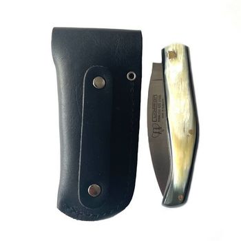 Cudeman folding hunting knife polished bull horn with sheath