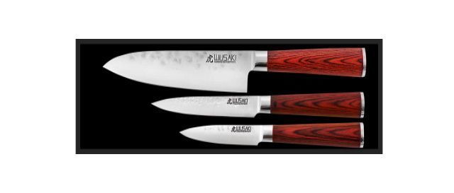 Coffret couteaux Wusaki Pakka X50 1 Santoku 1 universel et 1 office