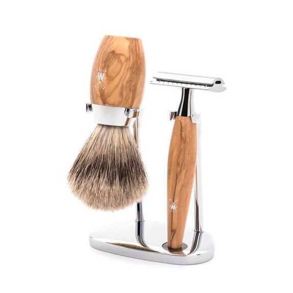 3-teiliges Rasierset mit Sicherheitsrasierer Muhle Kosmo Olivenbaum rein grau