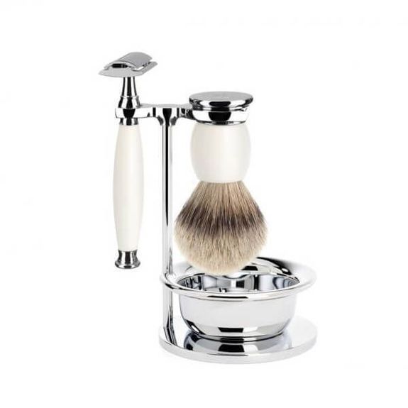 Set de rasage 4 pièces Sécurite pur argenté Muhle Sophist porcelaine