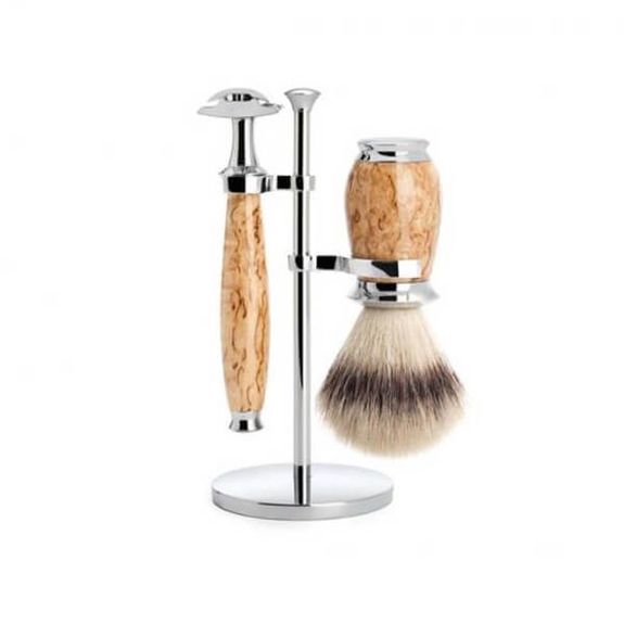 Shaving set 3 pieces Synthetic safety silver Muhle Purist birch