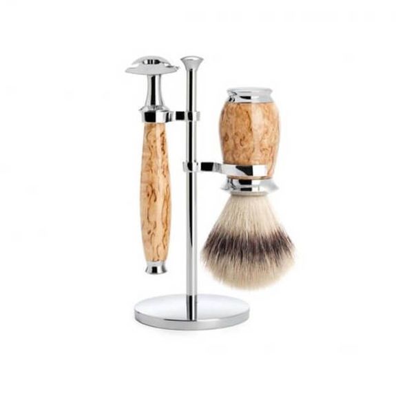 3-piece shaving set Safety pure silver Muhle Purist birch