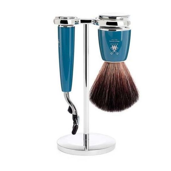 Set de rasage 3 pièces Mühle Rytmo bleu mach3®, blaireau synth. noir