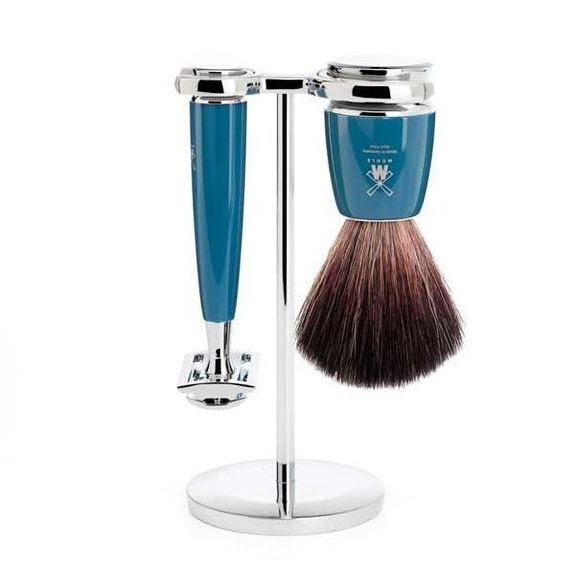3-teiliges Rasierset Mühle Rytmo sicherheitsblau, Rasierpinsel synth. schwarz