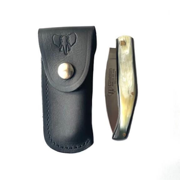 Cudeman folding hunting knife polished bull horn with sheath