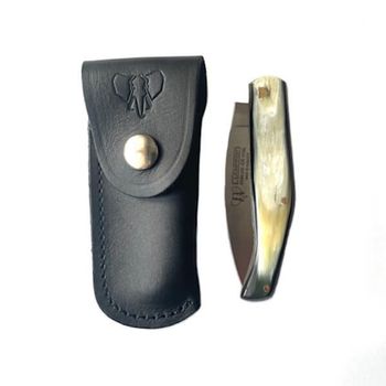 Cudeman folding hunting knife polished bull horn with sheath