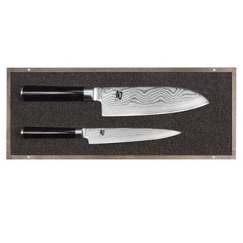 Set of 2 Kai Shun Damascus stainless steel Santoku and utility knives