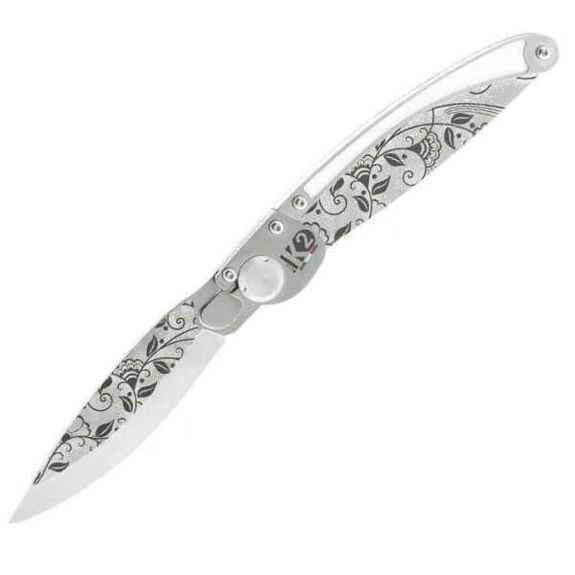 K2® folding knife by Roger Orfèvre elegant arabesque design