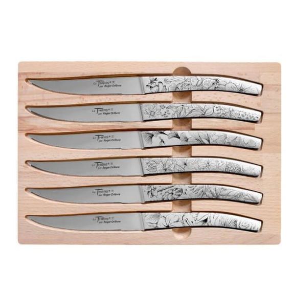 810176 Boxed set 6 Le Thiers table knives by Roger Orfèvre stainless steel flower design