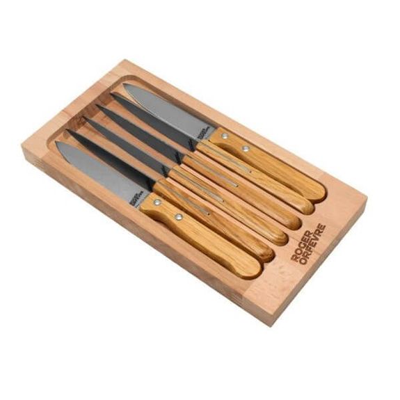 451463 Coffret 6 couteaux à steak Roger Orfèvre inox chêne décor lame