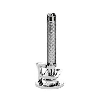 Muhle Tradition chrome safety razor with closed comb and stand