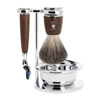 Set de rasage 4 pièces Mühle Rytmo frêne fusion™, blaireau pur noir et bol