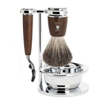 Set de rasage 4 pièces Mühle Rytmo frêne Mach3®, blaireau pur noir et bol