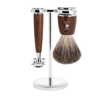 Set de rasage 3 pièces Mühle Rytmo frêne, lame sécurité, blaireau pur noir