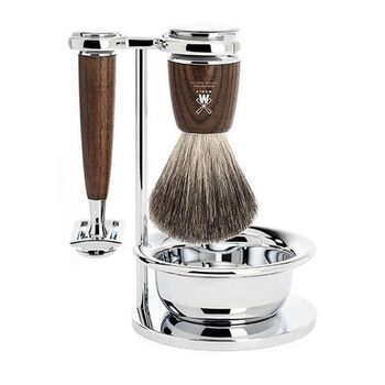 Set de rasage 4 pièces Mühle Rytmo frêne, lame sécurité, blaireau pur noir