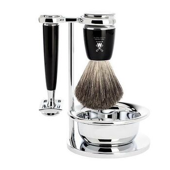 Set 4 pièces Muhle sécurité Rytmo noir, blaireau pur noir et bol